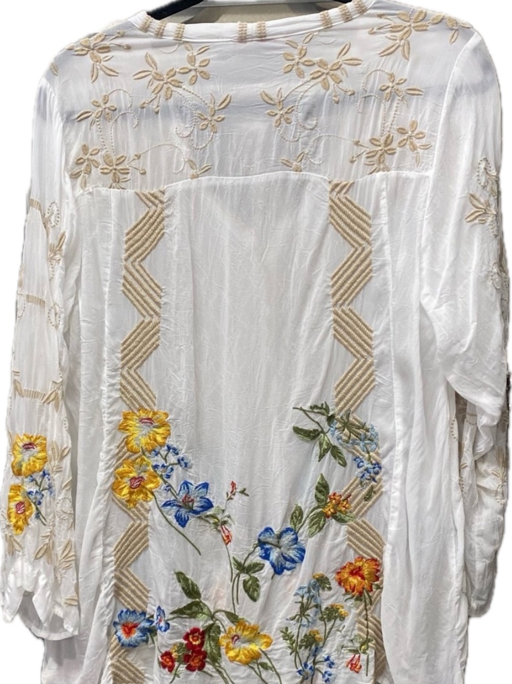 Johnny Was White Sheer Embroidered Tunic with Tan Lattice and Multicolor Floral - Picture 9 of 9
